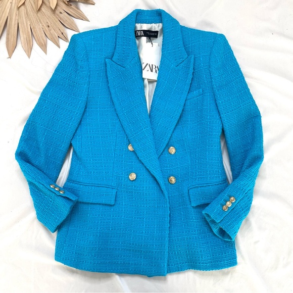 Zara Jackets & Blazers - Zara Double Breasted Textured Blue Teal Turquoise Button Front Blazer Jacket XL
